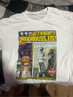 Infamouss.US! Graphic White Tee - Bold Newspaper Print